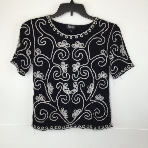 Objects D'Art Blouse Women Small Black White Embroidered Short Sleeve Swirl - Picture 1 of 5